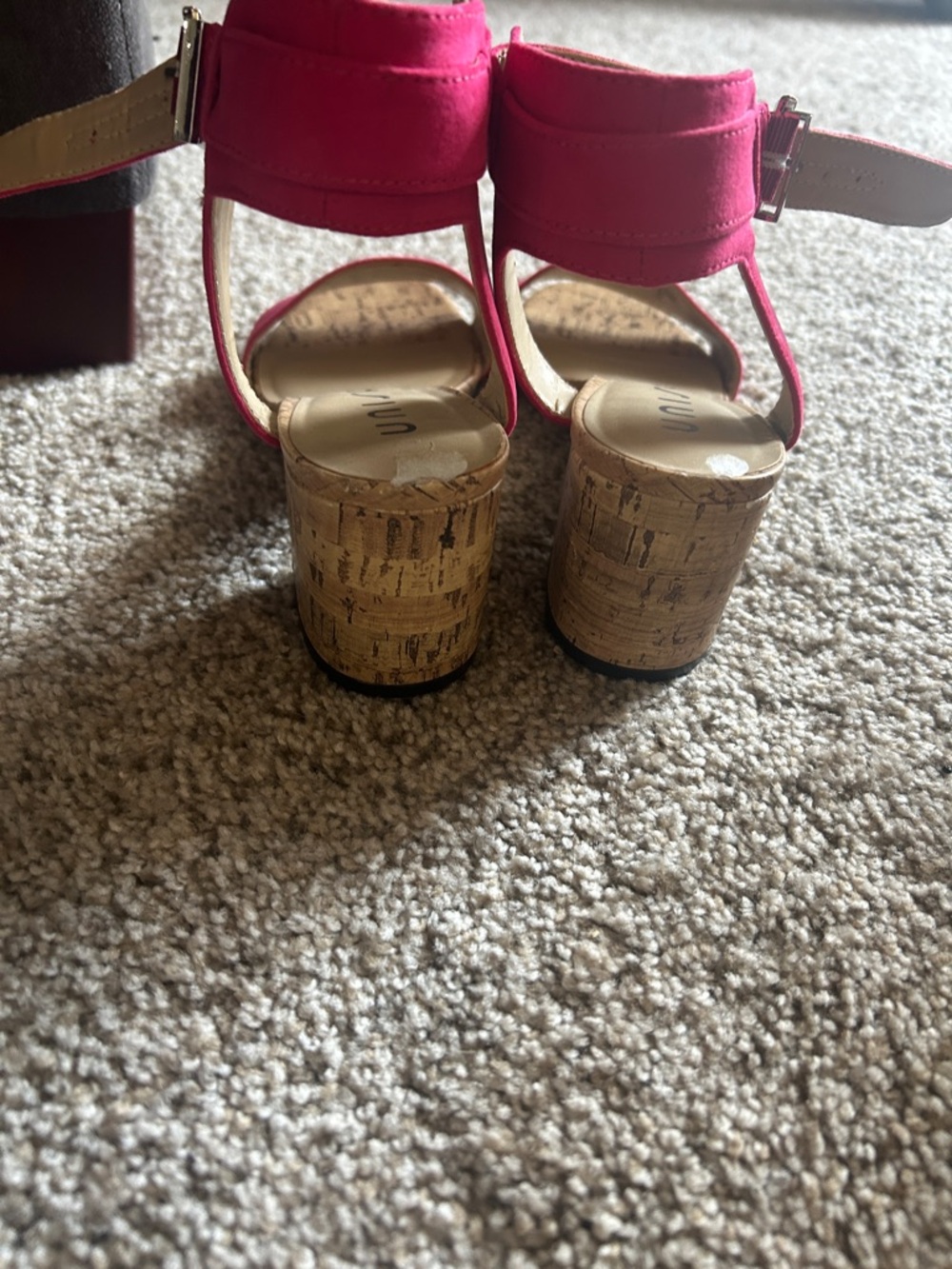 Unisa Pink Suede Ankle-Strap Cork Block Heels - Picture 2 of 4